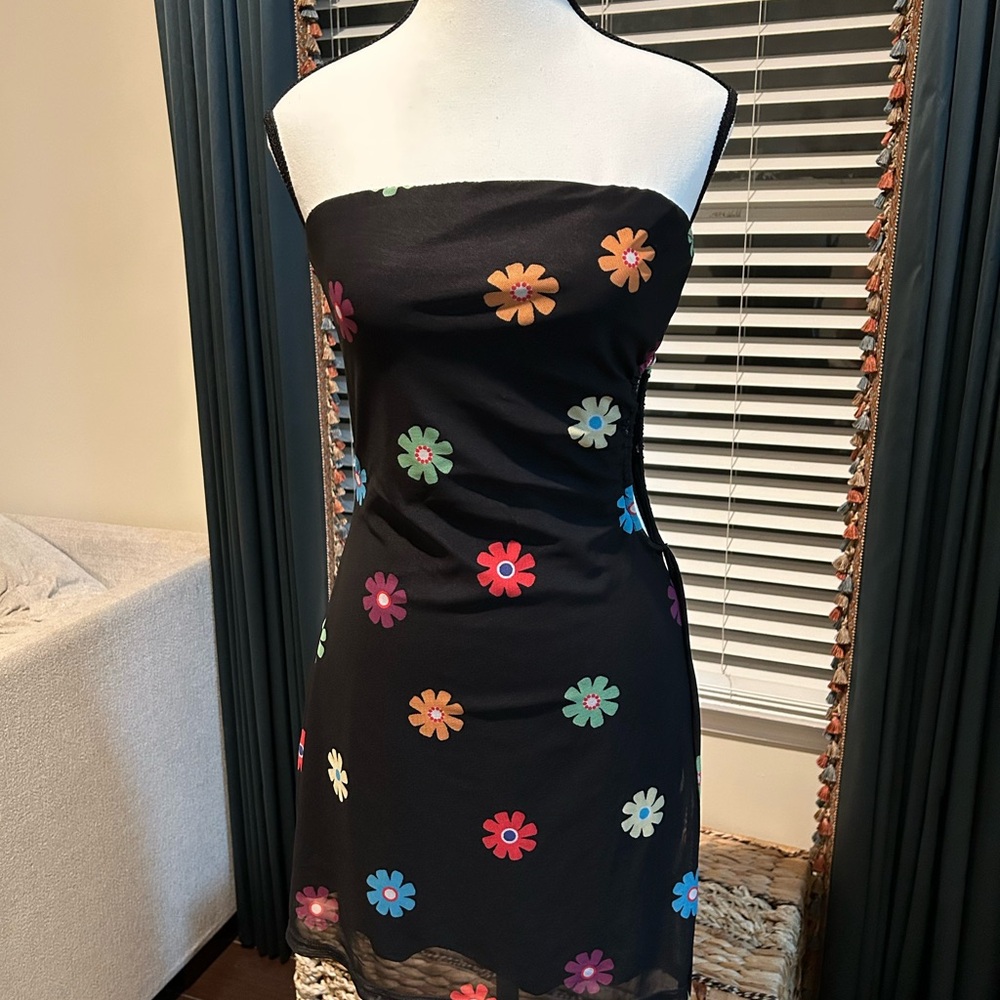 Floral Strapless Black Dress